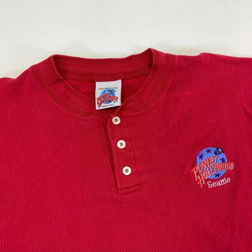 Vintage Planet Hollywood Seattle Red Ribbed Henley T-Shirt Made in USA Large